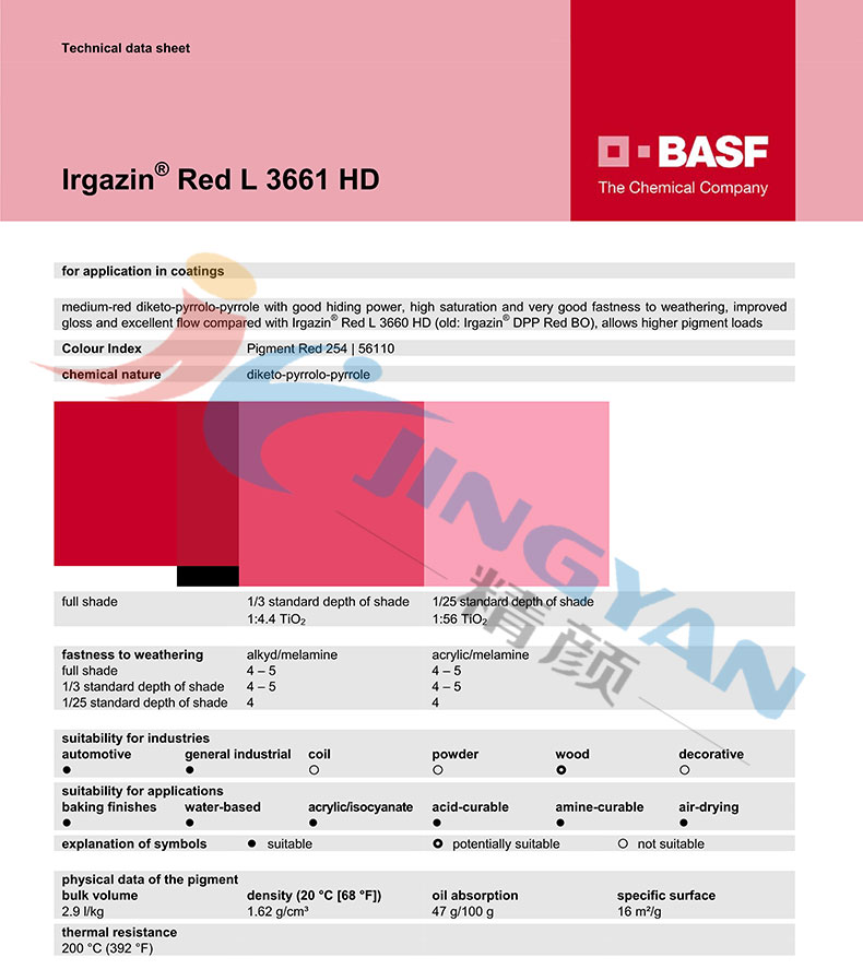 巴斯夫DPP顏料紅L3661HD技術數據表